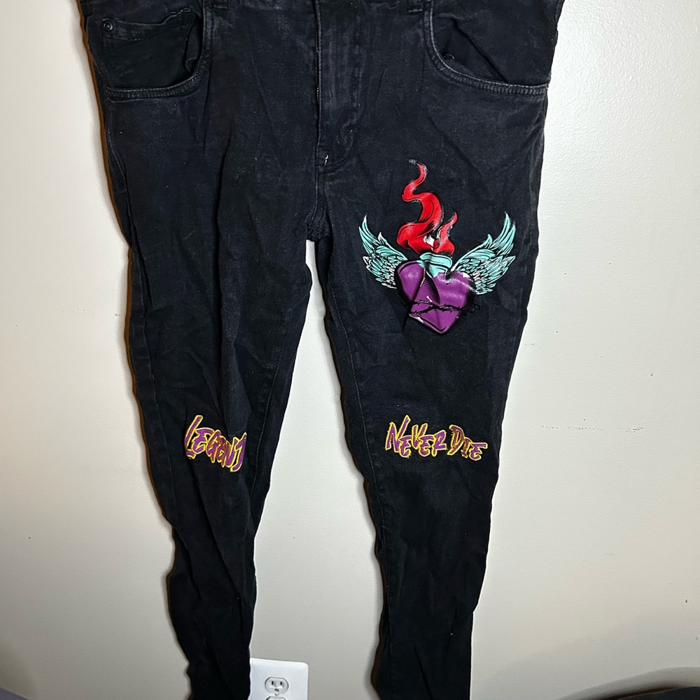 Black Pike Juice World Legends Never Die Jeans with Heart and Flame Design